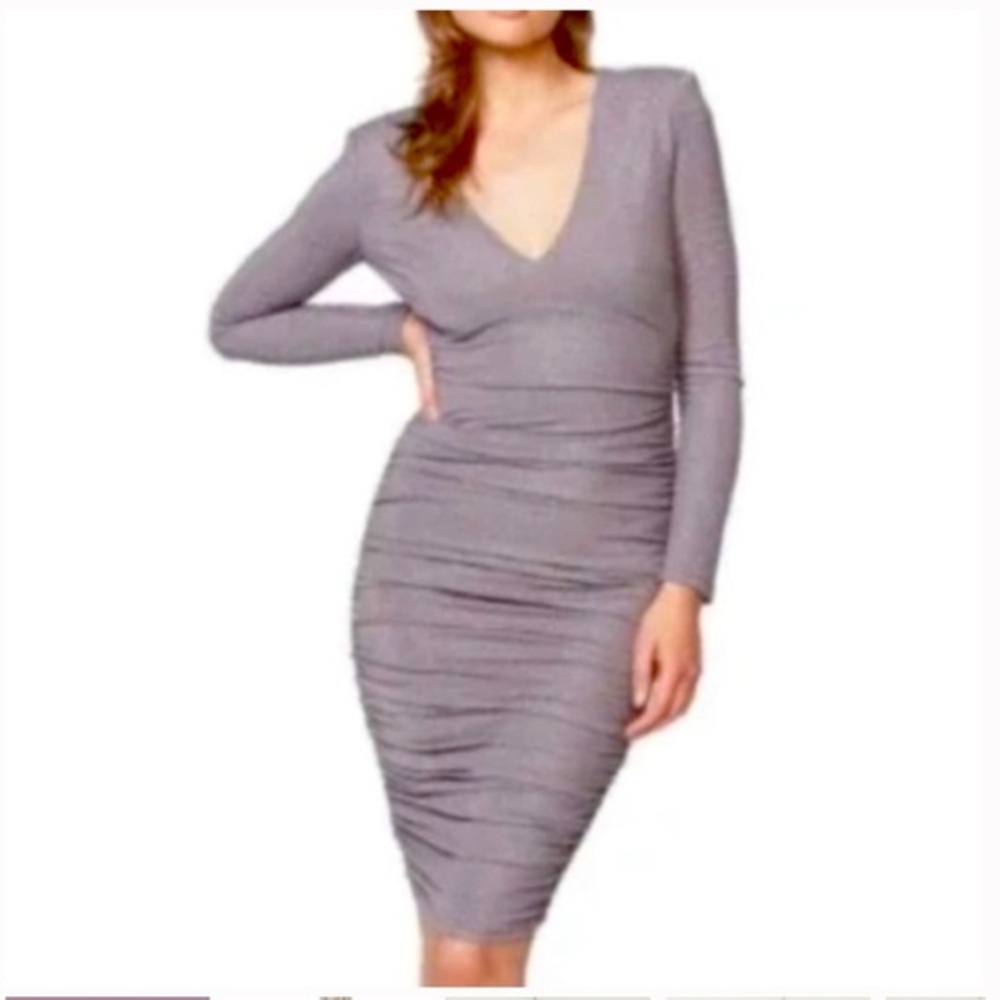 BARDOT gray sparkly long sleeve ruched dress bodycon y2k cocktail babydoll neck